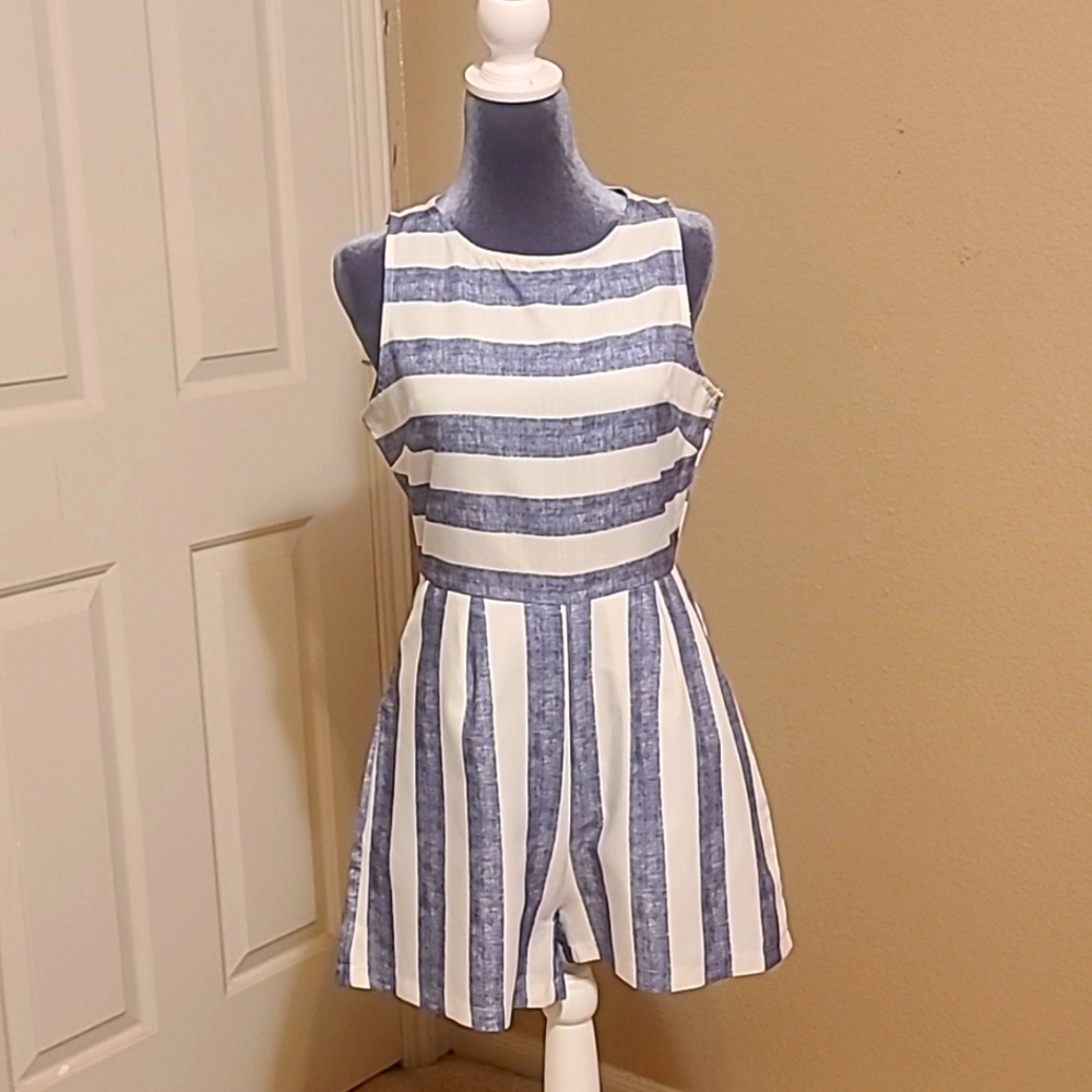 Navy and White Striped Romper